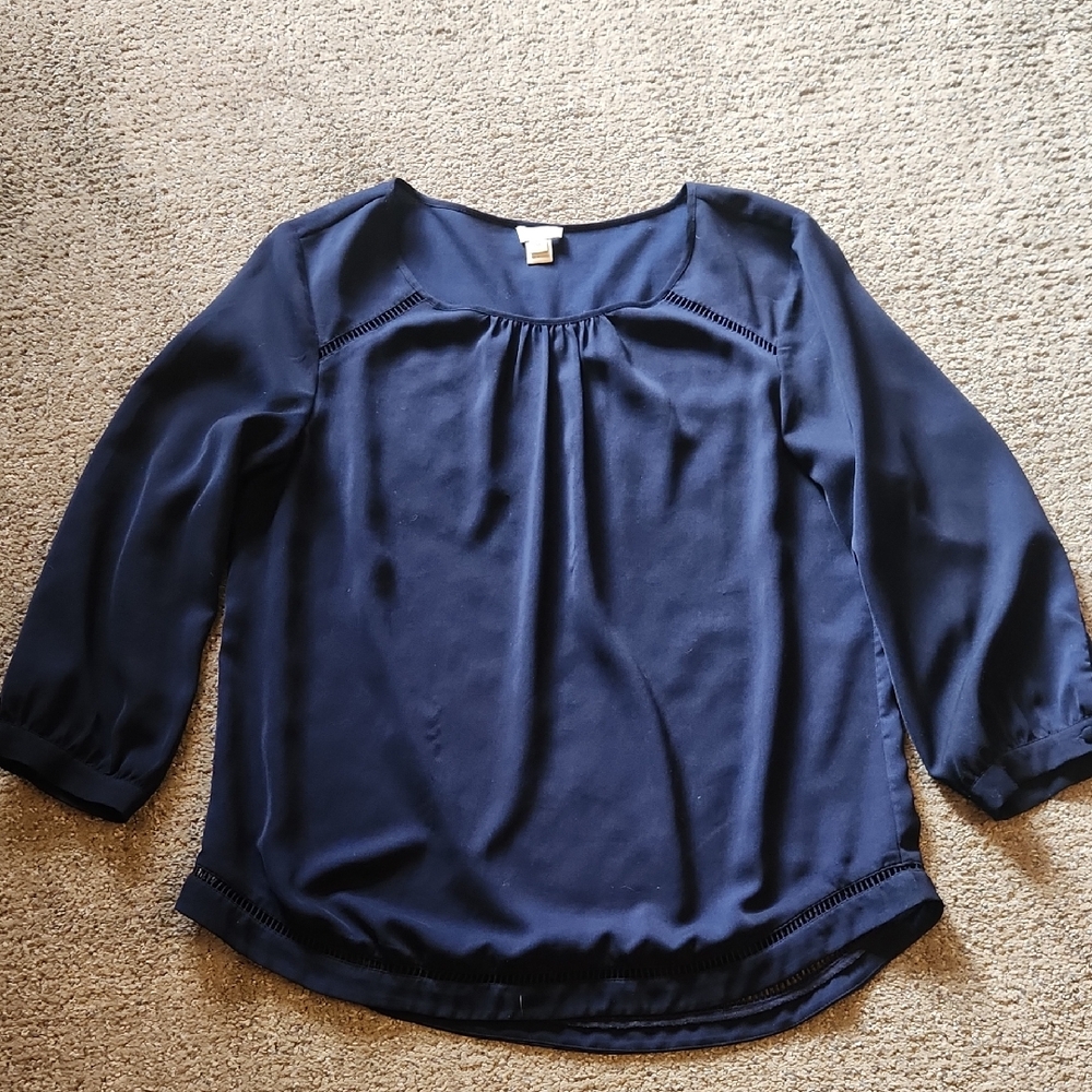 J. Crew Navy Blue 3/4 Sleeve Blouse with Ladder Trim